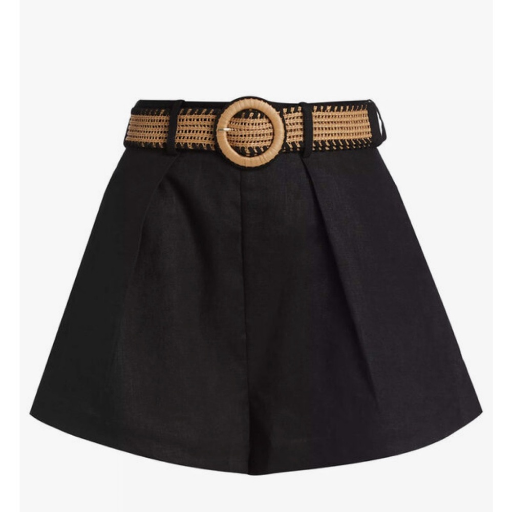 Zimmermann Black High-Waist Shorts with Tan Woven Belt